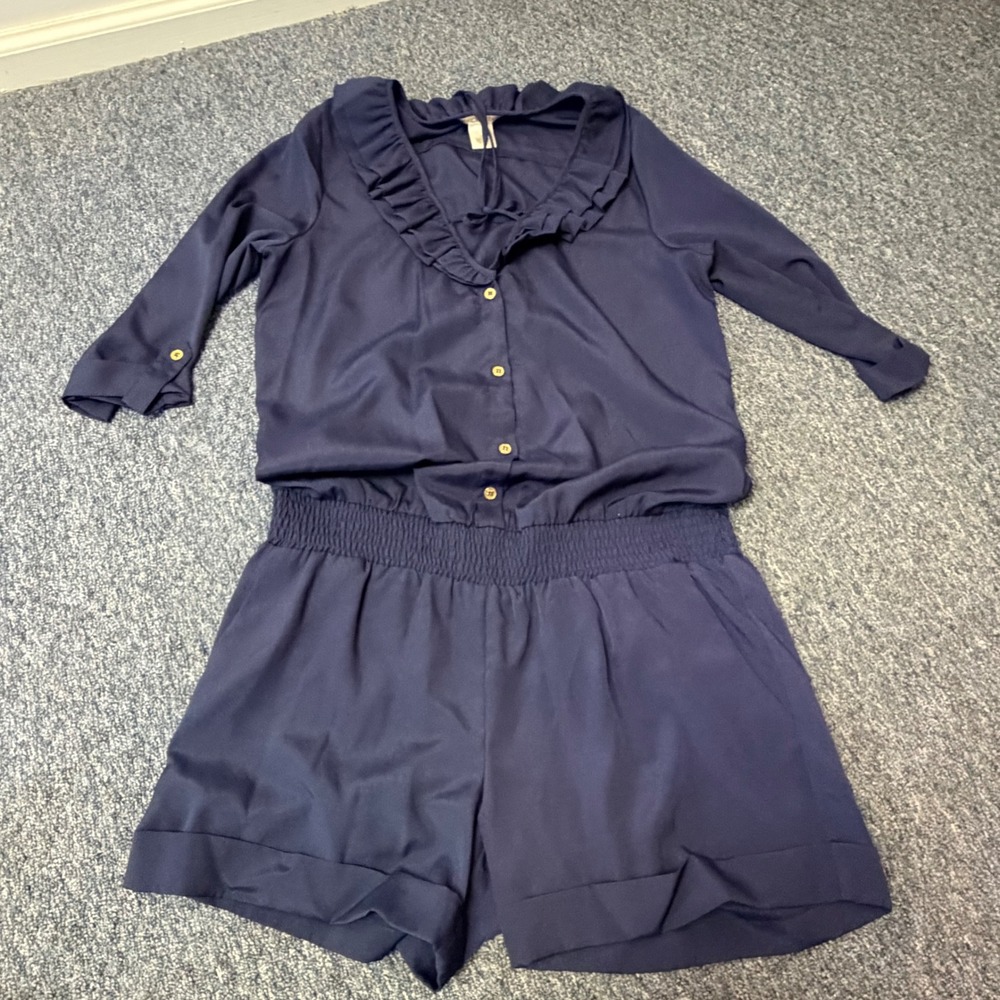 Arden B Womens Navy Blue Ruffle V-Neck Smocked Waist Romper Size M - Picture 3 of 5